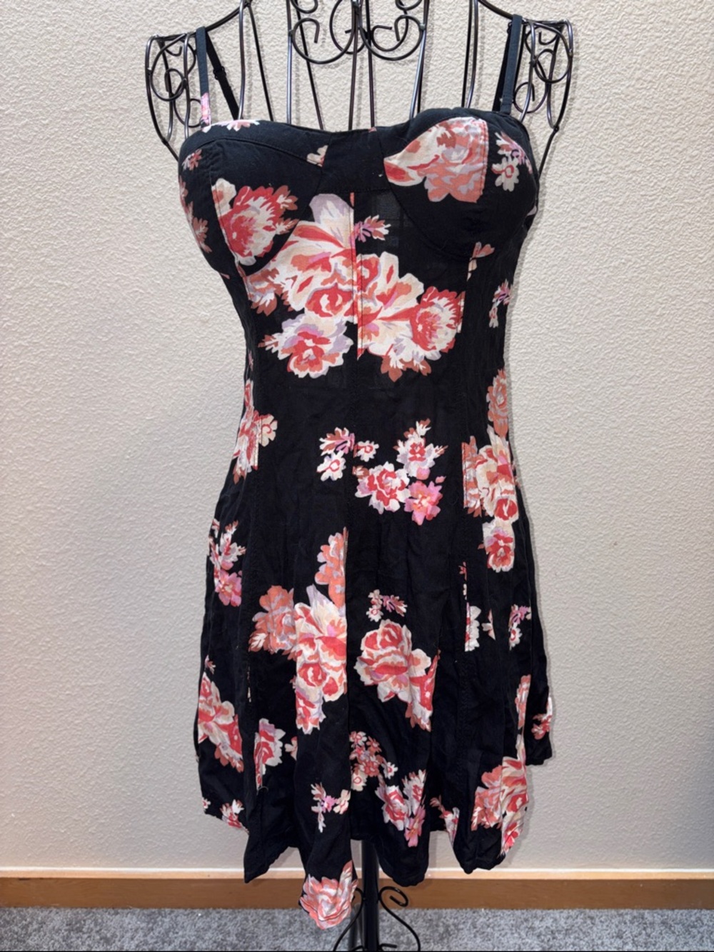 American Eagle Outfitters Black with Pink Floral Fit&Flare Dress w/ Back Cutout